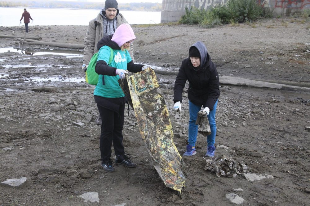 Сбор мусора на берегу Оби. Октябрь 2021 года