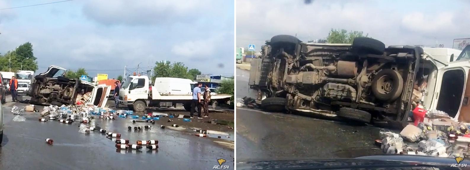 Фургон опрокинулся и рассыпал бутылки с пивом в Новосибирске