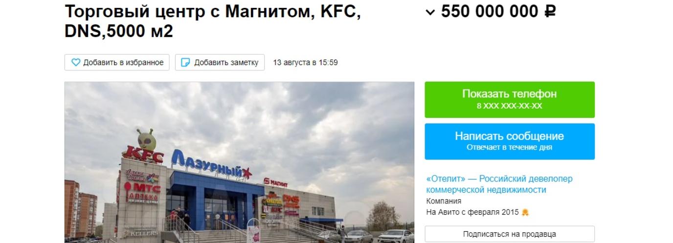 Торговый центр за полмиллиарда выставили на «Авито»