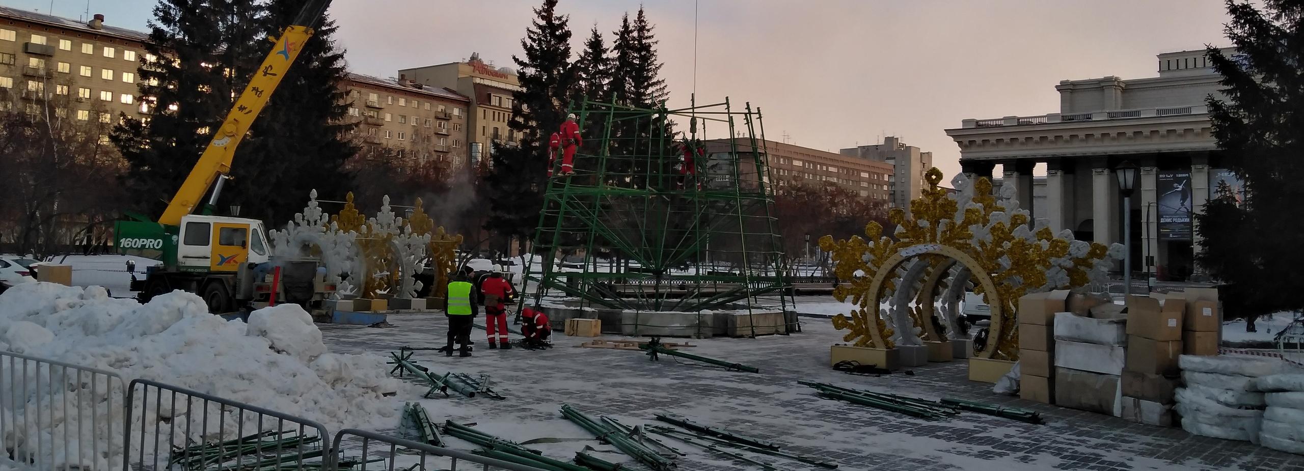 Главную ёлку Новосибирска начали монтировать в Театральном сквере