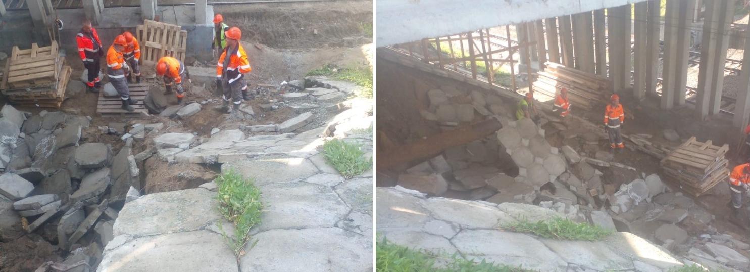 Ж/д пути на Добролюбова засыпало землёй из-за ливня