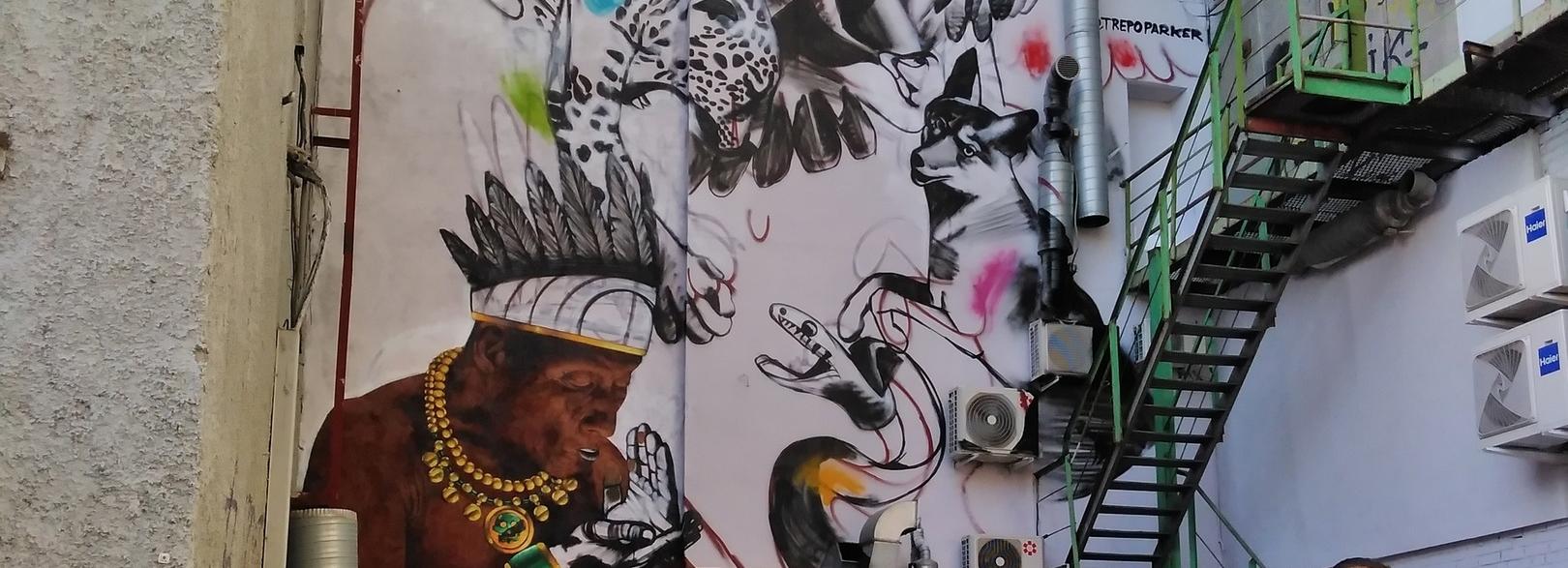 Художник из Мексики расписывает секретную стену в центре Новосибирска