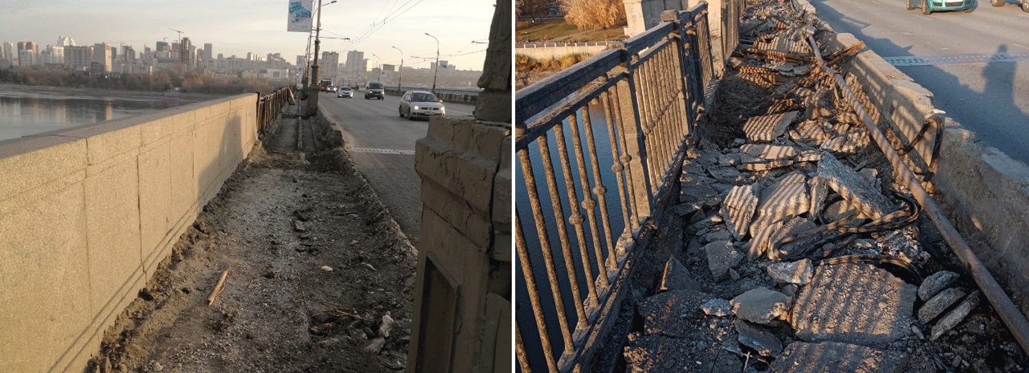 На Октябрьском мосту в Новосибирске сняли 25% тротуарных плит