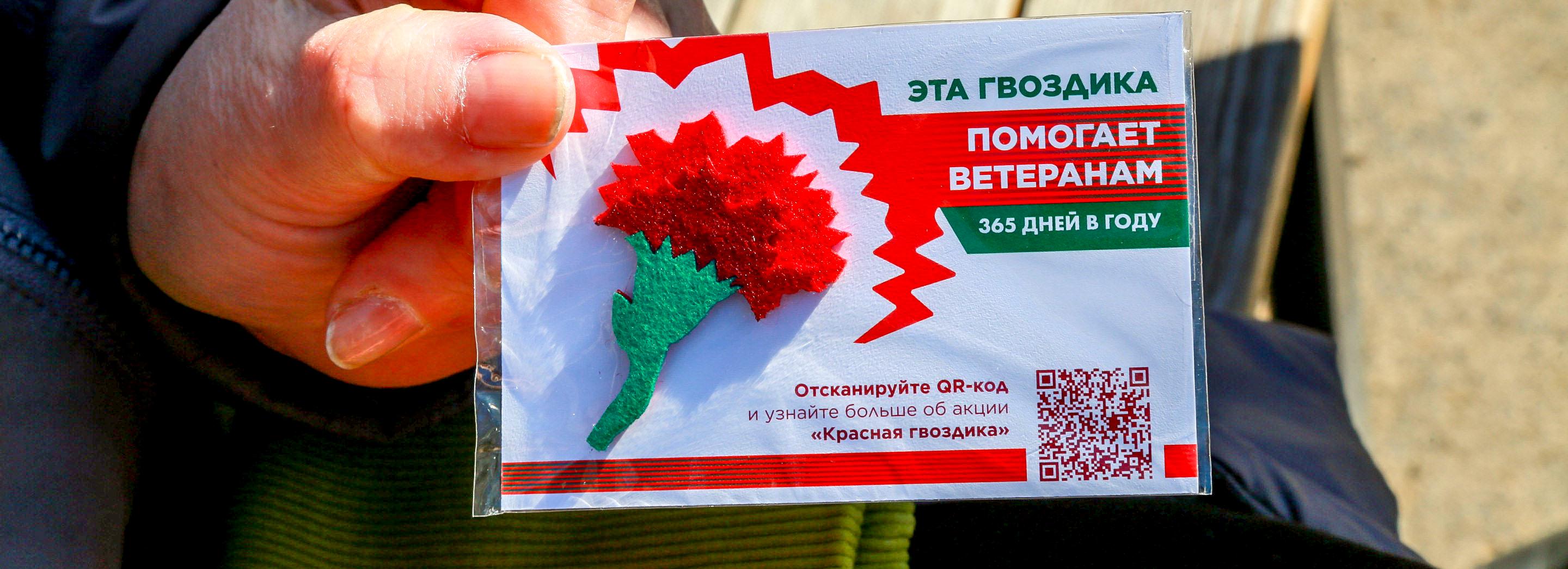 На улицах Новосибирска раздают значки-гвоздики за помощь ветеранам