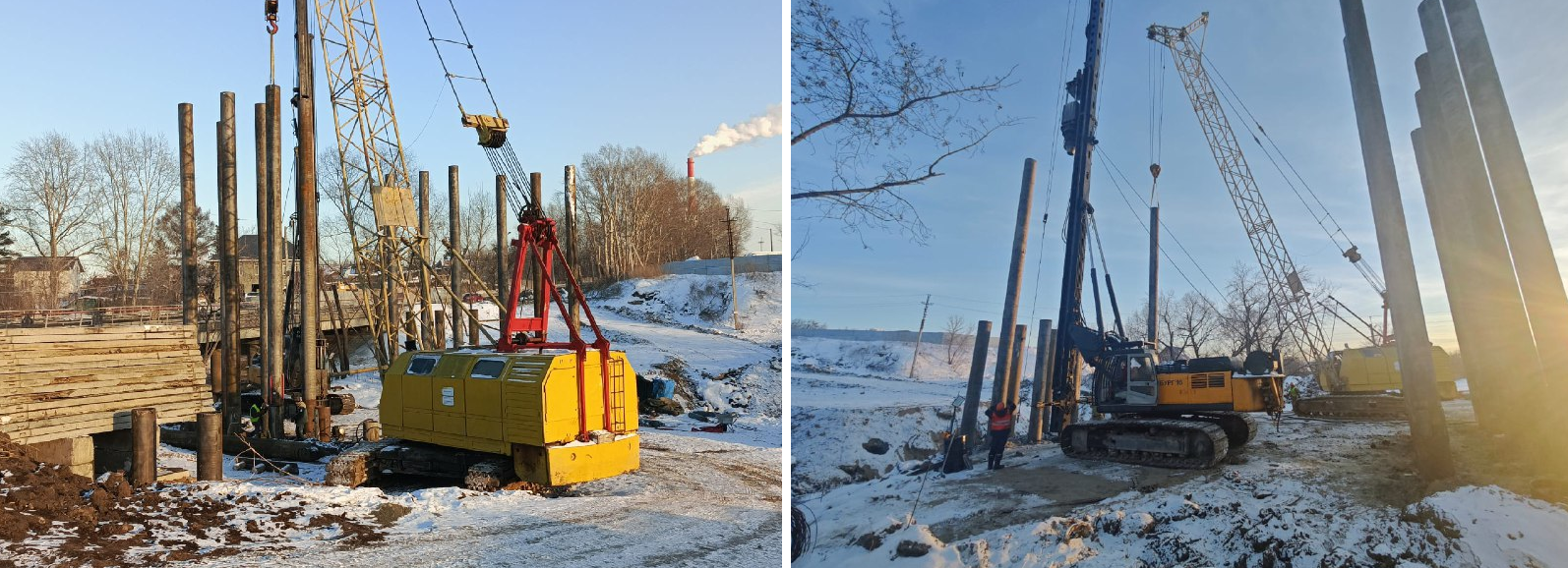 Мощным гидромолотом забили сваи для временного моста на Петухова