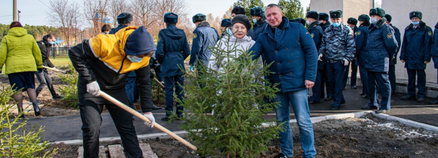 Восемь елей высадили у монумента Белый сад на Первомайке