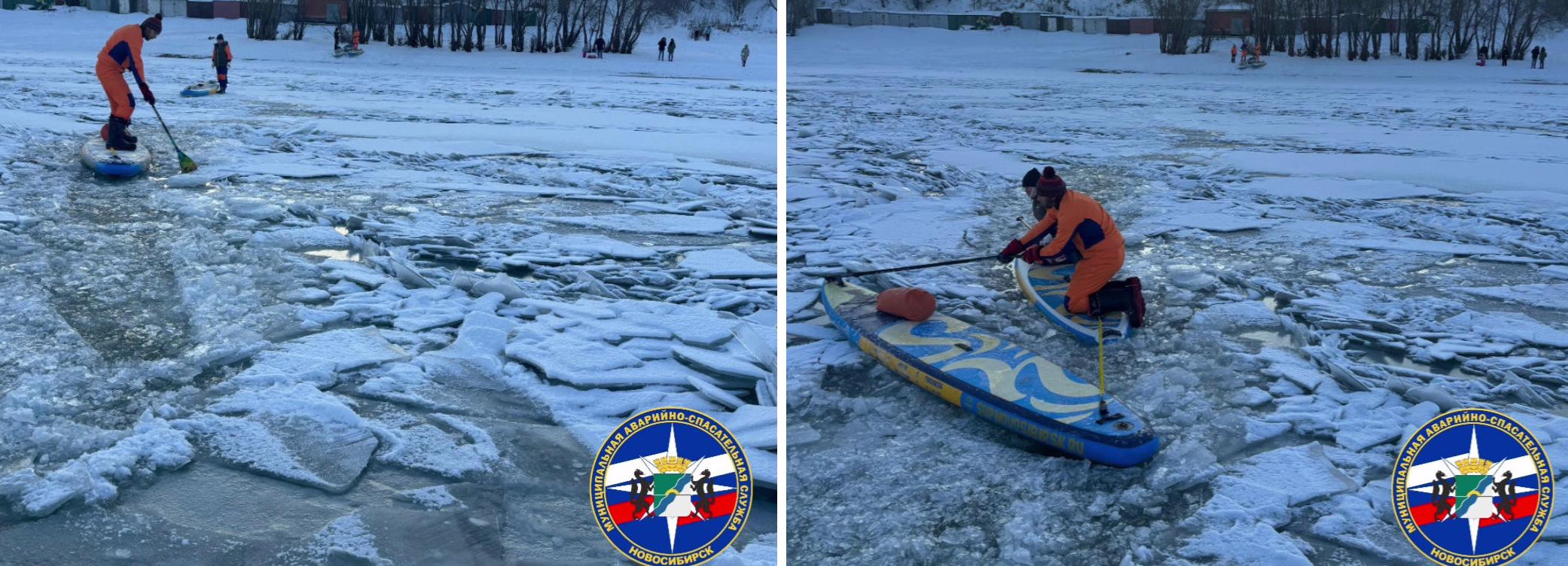 Неунывающие сапбордисты попали в ледяной затор в Новосибирске