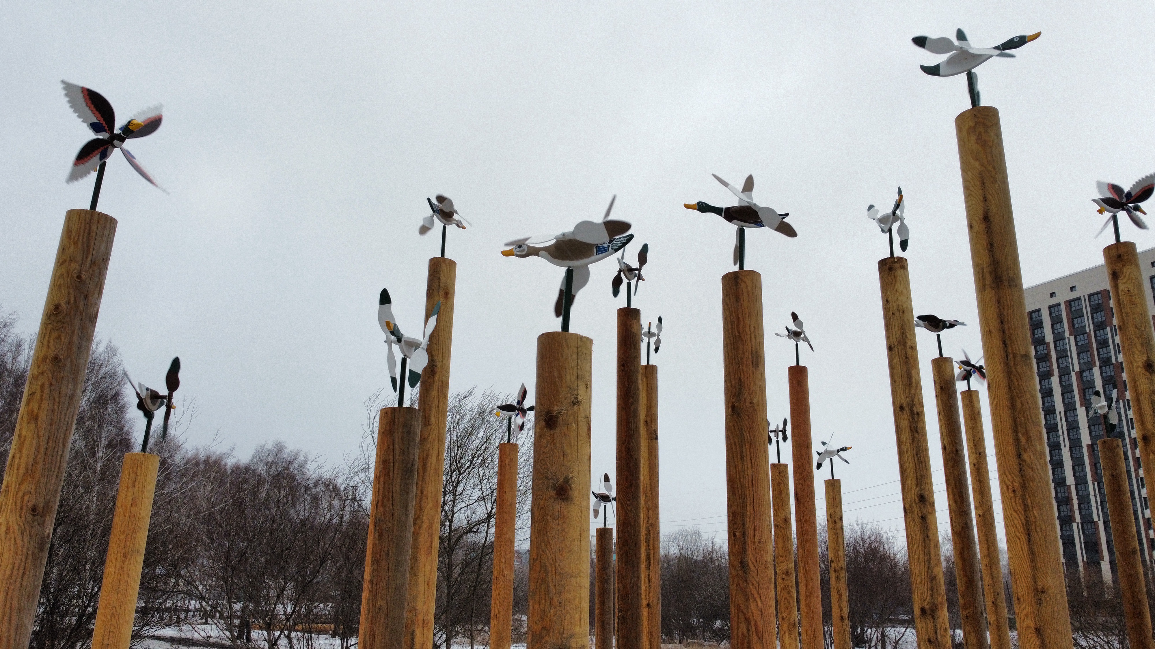 В парке «Каменка» появились флюгеры в виде стаи уток