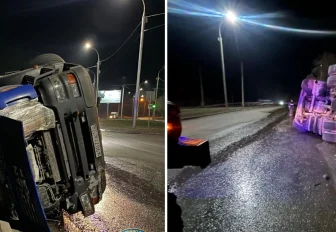 Грузовик MAN перевернулся в Советском районе Новосибирска