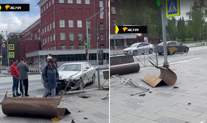 У метро «Студенческая» в Новосибирске автомобиль влетел в скамейку на тротуаре